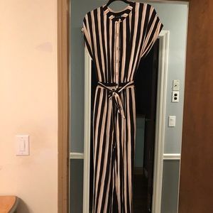 Striped jumpsuit with belt